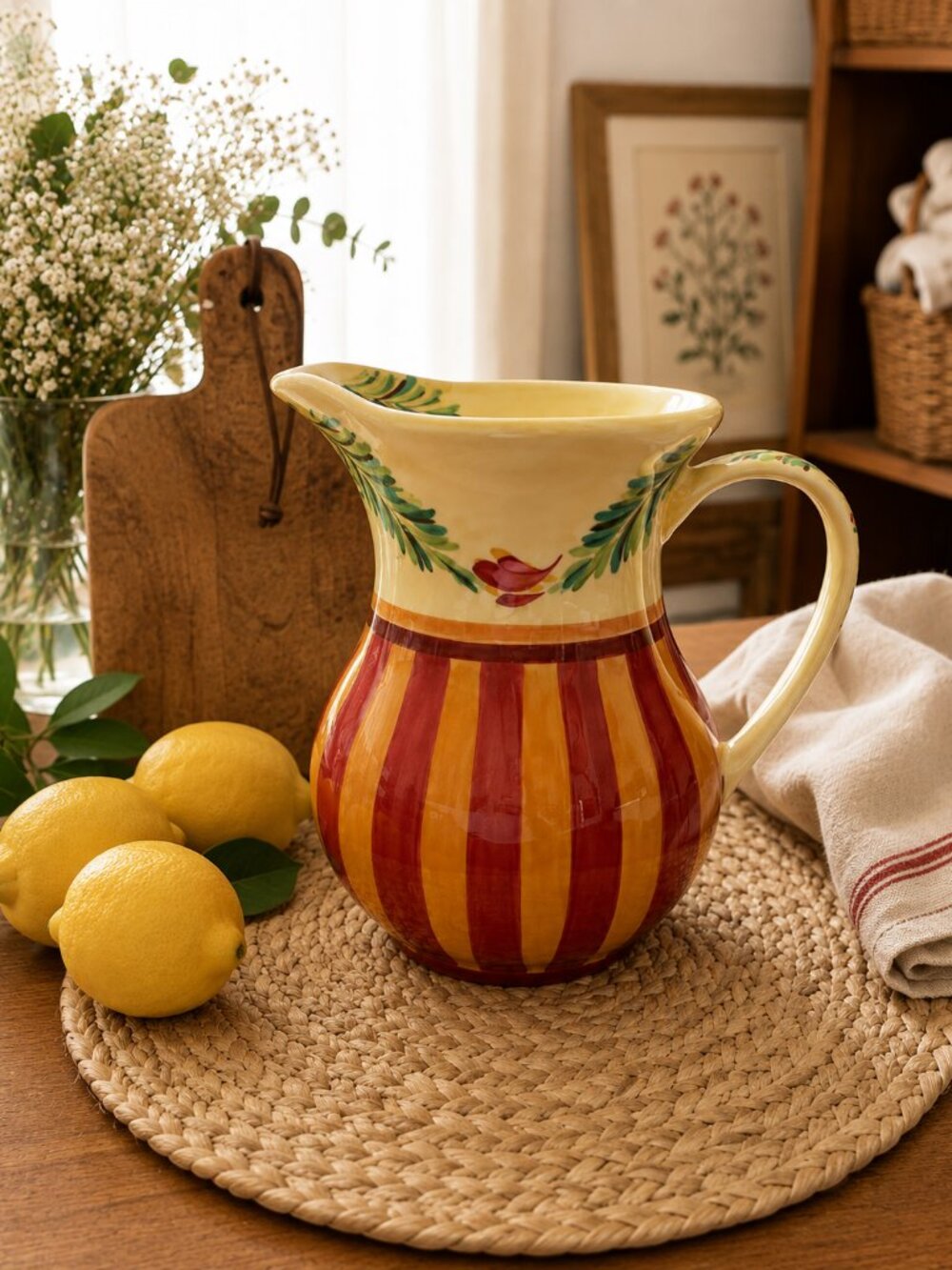 Gail Pittman Hand Painted Ceramic Pitcher Floral Striped Farmhouse Pottery
